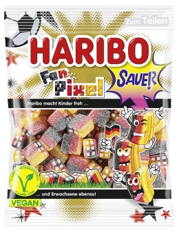 Haribo Fan Pixel sauer 160 g | Fruchtgummi-Konfekt in den Farben schwarz-rot-gold von Haribo