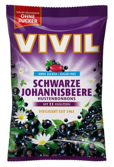Vivil Hustenbonbons Schwarze Johannisbeere ohne Zucker 120 g | Zuckerfreie Bonbons mit schwarzer Johannisbeere-Geschmack von Vivil