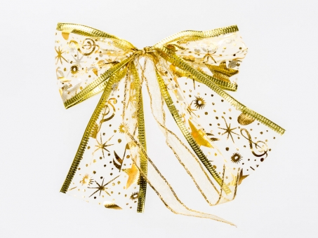 Goldfarbiges Organza-Weihnachtsschleife mit Goldrand und goldenen Sternen